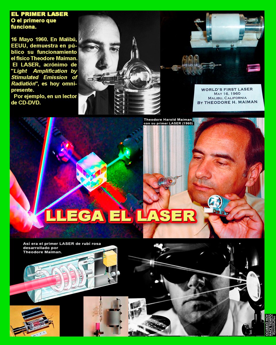JostoMaffeo's tweet photo. ⚡ 📀 PRIMER LASER 
O el primero que funciona. 

16 Mayo 1960. En #Malibu, demuestra su funcionamiento el #físico Theodore #Maiman.
 El #LASER, acrónimo de "Light  Amplification by Stimulated Emission of Radiatión", es hoy omnipresente. 
 Por ejemplo, en un lector de CD-DVD. https://t.co/BbVCzzi3rn