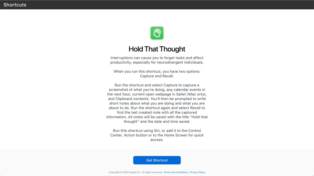 Apple just put out a clever shortcut called "Hold That Thought."

Designed for Capture and Recall, it will save the following to Notes:

📲 A screenshot
🌐 Your current webpage
🗓️ Your next event

Then, it asks "What were you doing?" and "What are you about to do?"