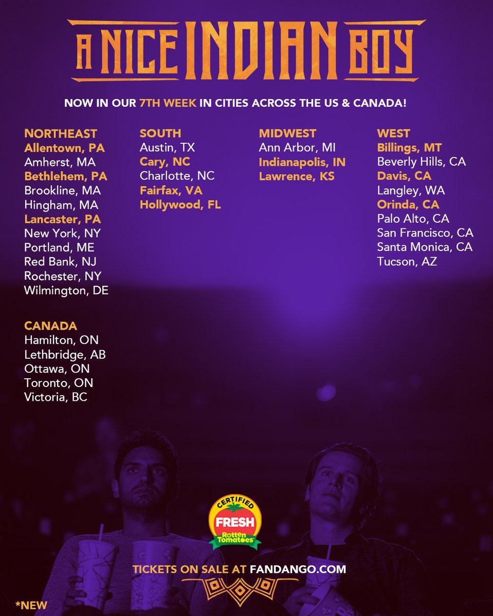 🧡🩷UPDATED LIST🩷🧡

So many ways to see #ANiceIndianBoy! Now in its 7th week in theaters, 11 new cities have been added this weekend—also available to Buy or Rent on Amazon, Apple, and <a href="/Fandango/">Fandango</a> at Home!