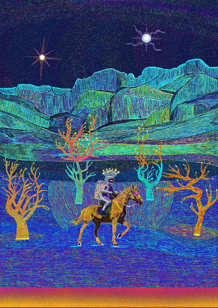 Now we go to #ArtTank acquisitions of the week, curated by <a href="/lphaCentauriKid/">a.c.k.</a> &amp; in partnership w/ <a href="/rollbit/">Rollbit</a>

1/ 'SPACE RIDER' by <a href="/eugenevladie/">Ǝugene</a>