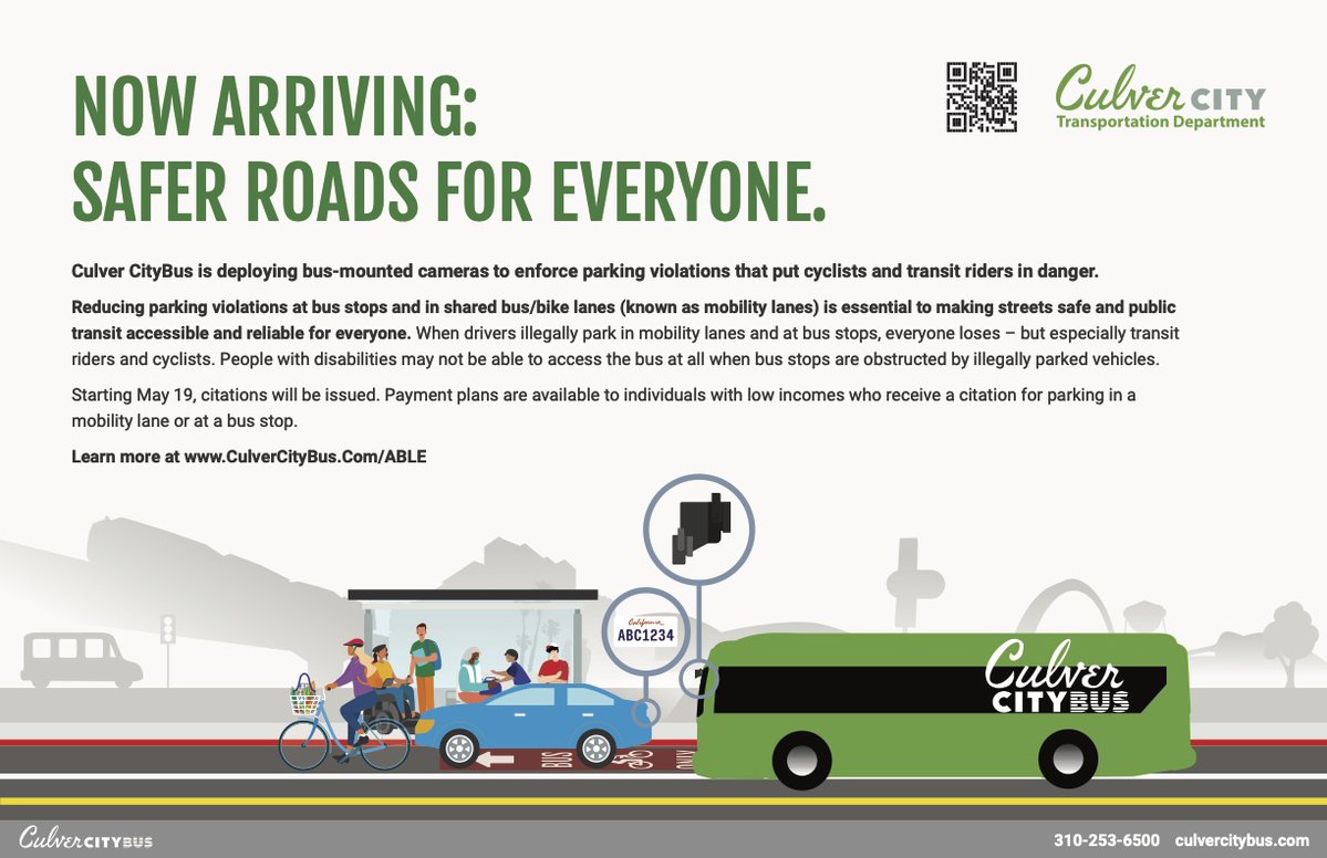 🚨 The ABLE warning period is almost over!

Starting THIS MONDAY May 19, 2025, we will begin issuing $293 citations for vehicles illegally parked in bus lanes and bus stops, captured by our Automated Bus Lane Enforcement (ABLE) system.

👉 Learn more at CulverCityBus.com/ABLE