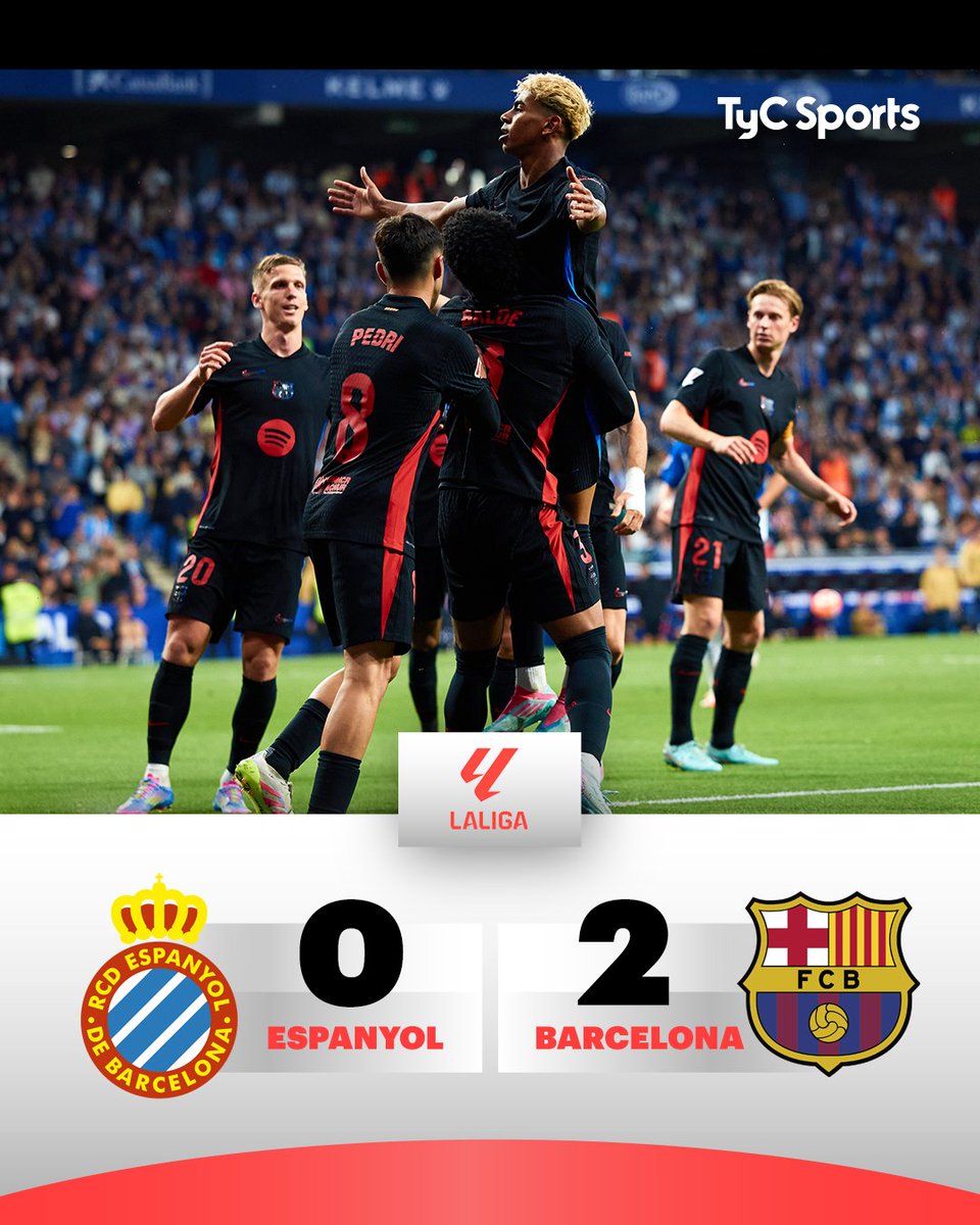 TyCSports's tweet photo. ¡BARCELONA ES EL CAMPEÓN DE #LaLiga! 🔵🔴🏆

El conjunto Culé se impuso como visitante ante el Espanyol por 2-0 y se coronó como el mejor de toda la temporada española. Un golazo de Lamine Yamal y un tanto de Fermín para una nueva vuelta del Blaugrana. Título número 28 de Liga para los dirigidos por Hansi Flick.

📸 Getty Images