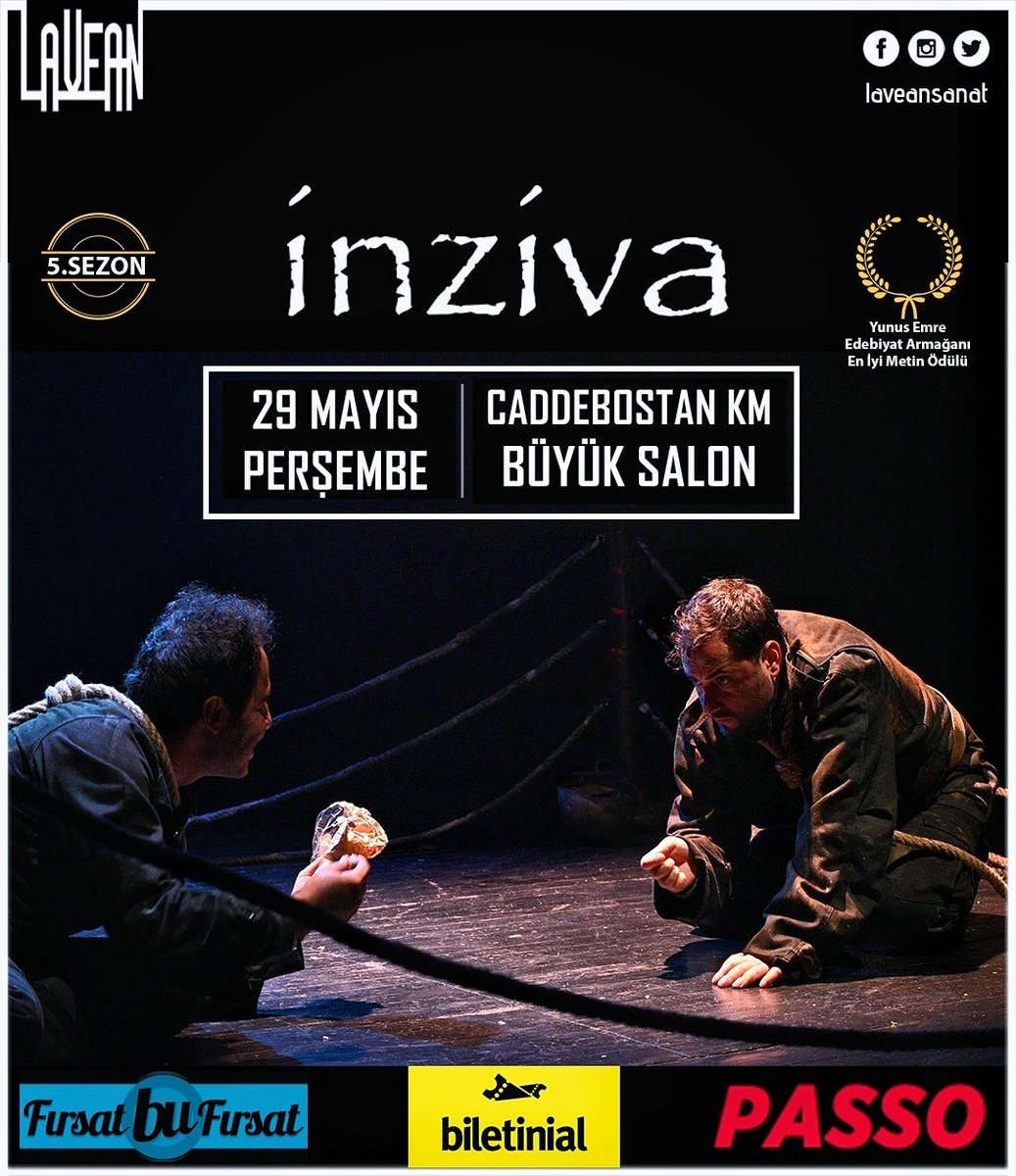 inziva | büyük salon 
"Kendimizle yüzleşmek mi daha zordur yoksa ölümle mi?"
Biletler: <a href="/biletinial/">Biletinial</a> &amp; <a href="/passo_com_tr/">Passo</a> &amp; <a href="/firsatbufirsat/">Fırsat Bu Fırsat</a> ve Gişe 
#LaveanSanat #inzivaOyun #BeratBeyoğlu