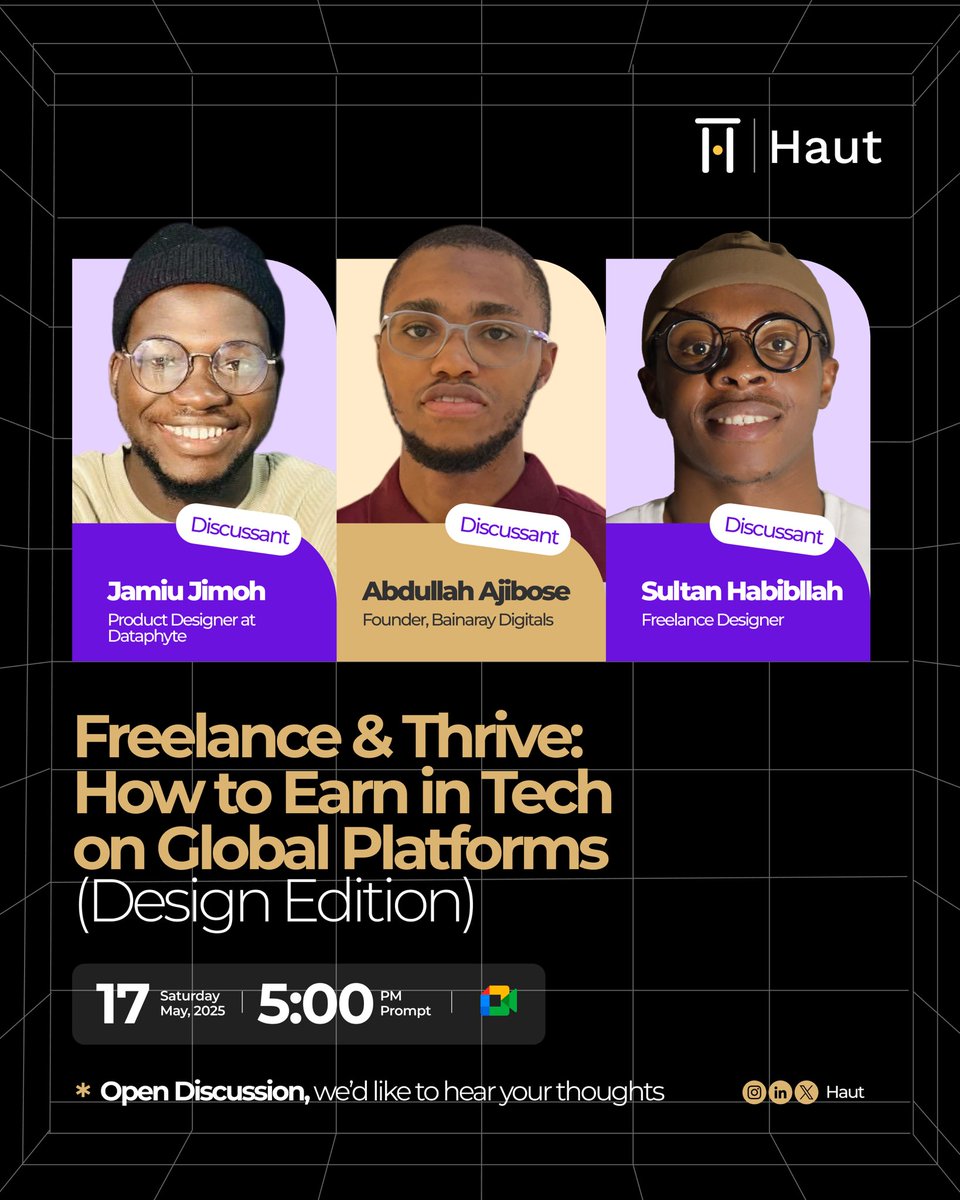 Ready to turn your design skills into dollars?

Join us for an open discussion on how to thrive as a freelance designer on global tech platforms.

Click here to join tally.so/r/wLgEq2

#FreelanceDesign #GlobalTechOpportunities #Haut #DesignCommunity #TechForAfrica