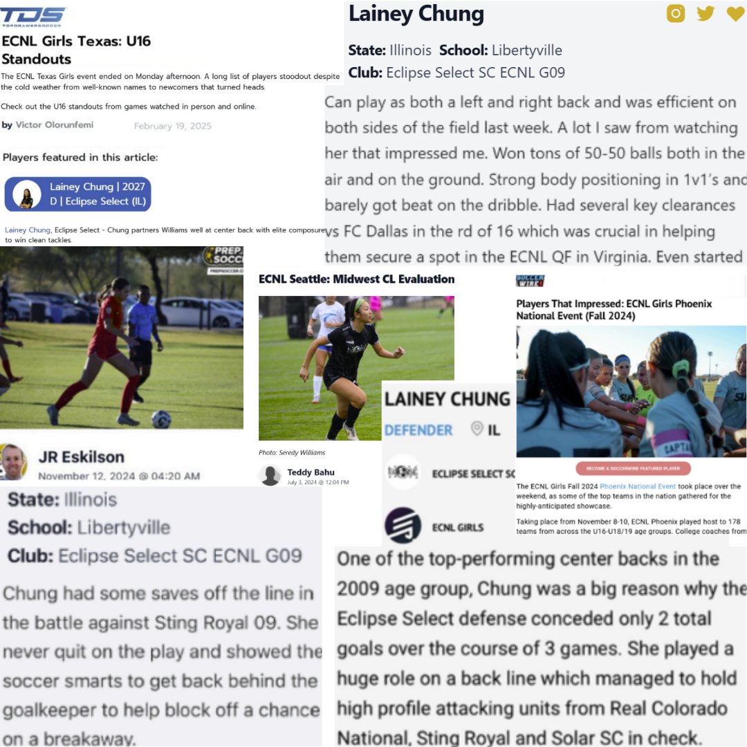 Lainey Chung• ECNL 2027 🇺🇸🇰🇷 (@laineychung2027) on Twitter photo Honored to be recognized by <a href="/TopDrawerSoccer/">TopDrawerSoccer</a>, <a href="/PrepSoccer/">Prep Soccer ⚽️</a>, and <a href="/TheSoccerWire/">SoccerWire</a> in the 2024–'25 ECNL season. Grateful for the support and ready for what's next with <a href="/2009EclipseEcnl/">Eclipse Select 2009 ECNL</a>!⚽️🔥
<a href="/ImYouthSoccer/">ECNL/GA/Recruiting/College Soccer</a> <a href="/ImCollegeSoccer/">College Soccer Truth ™</a> <a href="/ECNLgirls/">ECNL Girls</a> <a href="/EclipseSelectSC/">Eclipse Select SC</a> Honored to be recognized by <a href="/TopDrawerSoccer/">TopDrawerSoccer</a>, <a href="/PrepSoccer/">Prep Soccer ⚽️</a>, and <a href="/TheSoccerWire/">SoccerWire</a> in the 2024–'25 ECNL season. Grateful for the support and ready for what's next with <a href="/2009EclipseEcnl/">Eclipse Select 2009 ECNL</a>!⚽️🔥
<a href="/ImYouthSoccer/">ECNL/GA/Recruiting/College Soccer</a> <a href="/ImCollegeSoccer/">College Soccer Truth ™</a> <a href="/ECNLgirls/">ECNL Girls</a> <a href="/EclipseSelectSC/">Eclipse Select SC</a>