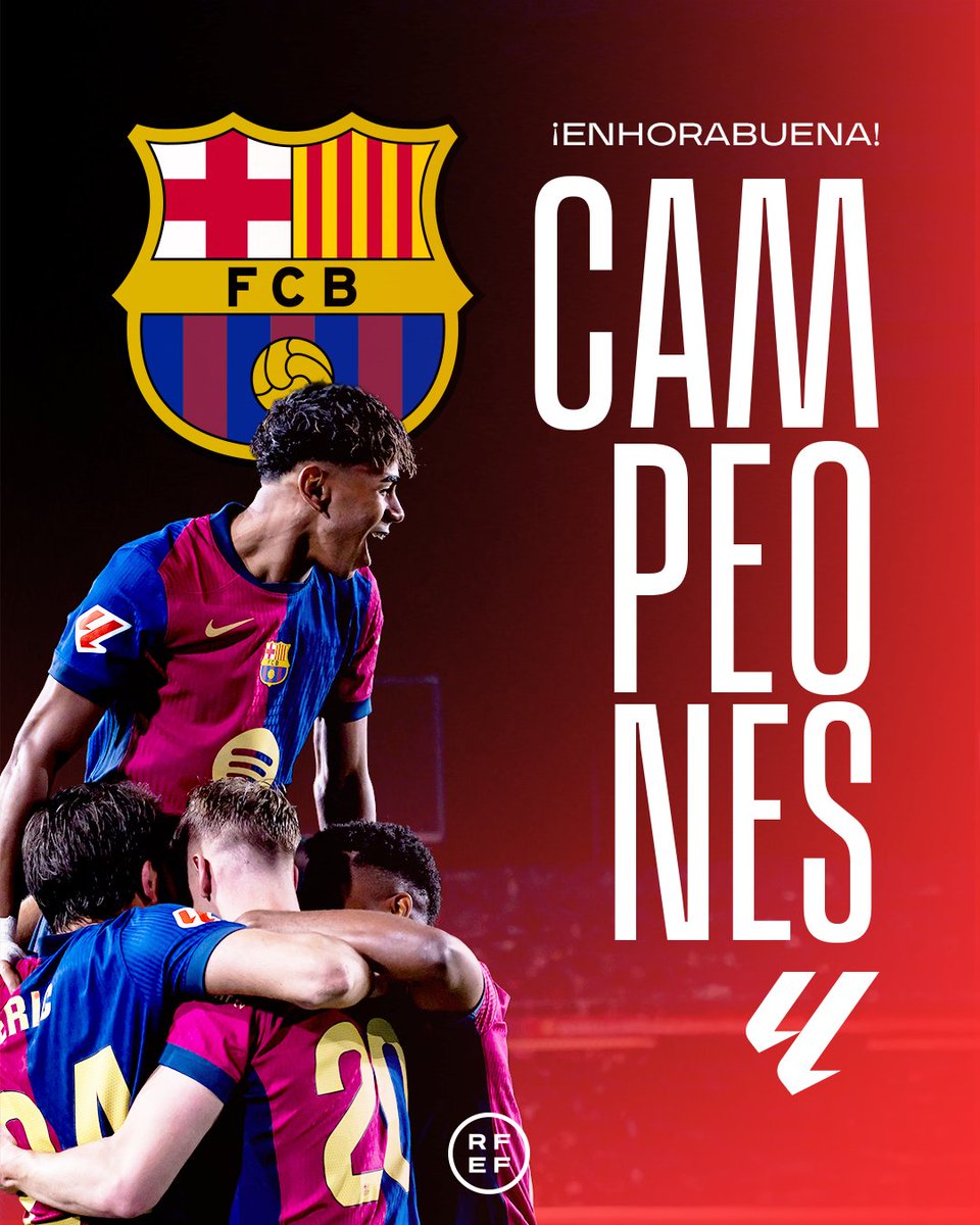 rfef's tweet photo. 🏆 ¡El @FCBarcelona conquista el título de liga 2024/25!

👏 28º campeonato para el conjunto blaugrana.

🔵 ¡𝗘𝗻𝗵𝗼𝗿𝗮𝗯𝘂𝗲𝗻𝗮! 🔴 https://t.co/B5yc3xOF54