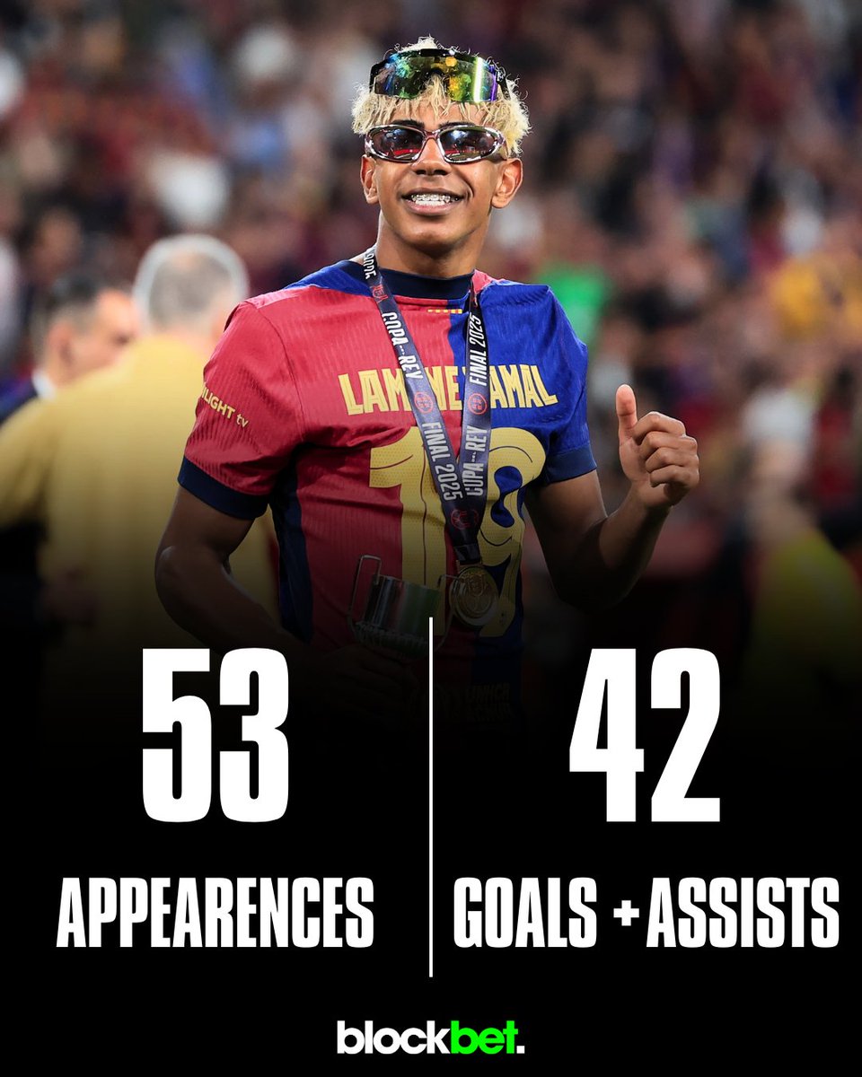 BlockBetGG's tweet photo. 🚨 Lamine Yamal's goal + assist against Espanyol helps Barcelona win 2-0 and secure their 28th La Liga title!

Only 17 years old, he's won the following over the last 12 months:

🏆 EURO 2024
🏆 La Liga
🏆 Copa del Rey
🏆 Spanish Super Cup

Ballon d'Or contender? 👀 https://t.co/4wdXk0cdKP
