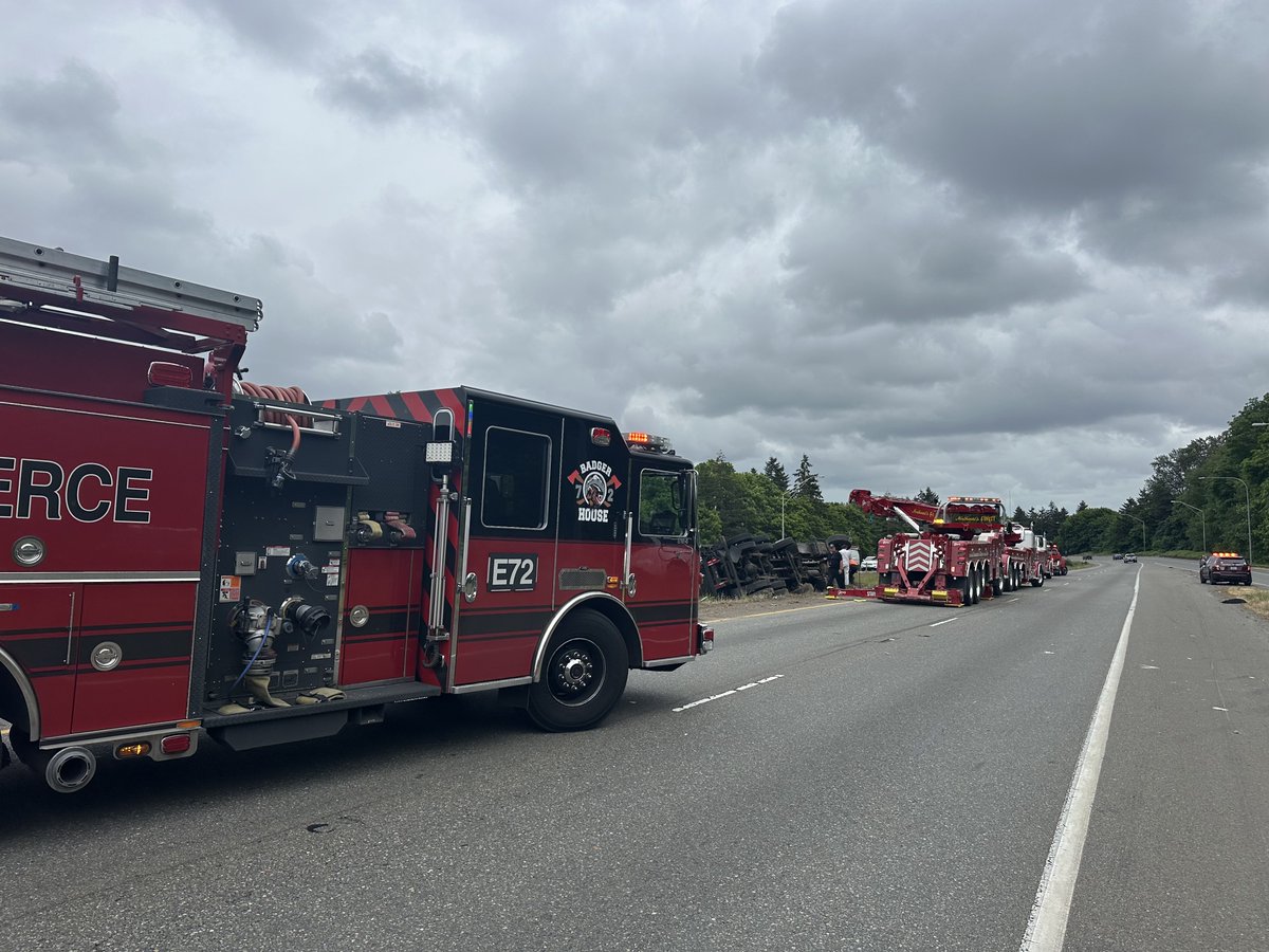 CentralPierce's tweet photo. Crews are on-scene of a non-injury rollover collision involving a pavement sealant truck blocking eastbound SR 512 at Meridian Ave E. @wastatepatrol and @wsdot_tacoma are on scene and are diverting traffic to Meridian. Expect significant delays as crews work to clean up the scene. Follow @wspd1pio for updates.