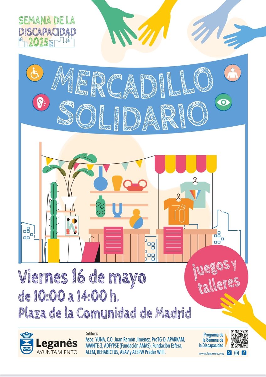jrodriguezd90's tweet photo. Os esperamos en el Mercadillo Solidario🛍️ para colaborar con la compra de productos elaborados por las entidades que trabajan cada día con personas con #discapacidad en #Leganes 

Uno de los actos principales de la Semana de la discapacidad @AytoLeganes 👇 https://t.co/KuX4oLRc0Z