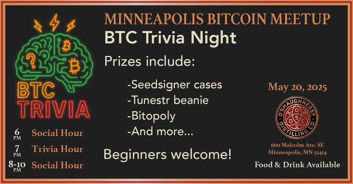 Bquittem's tweet image. ‼️ May meetup details @BitcoinersMPLS
May 20th from 6-10pm
Speaker: Bitcoin Trivia led by Justin @m1sterc001guy
Location: O’Shaughnessy Distilling co
There will be prizes handed out for winners. Let's see who really knows their stuff
DM me to join our telegram group.