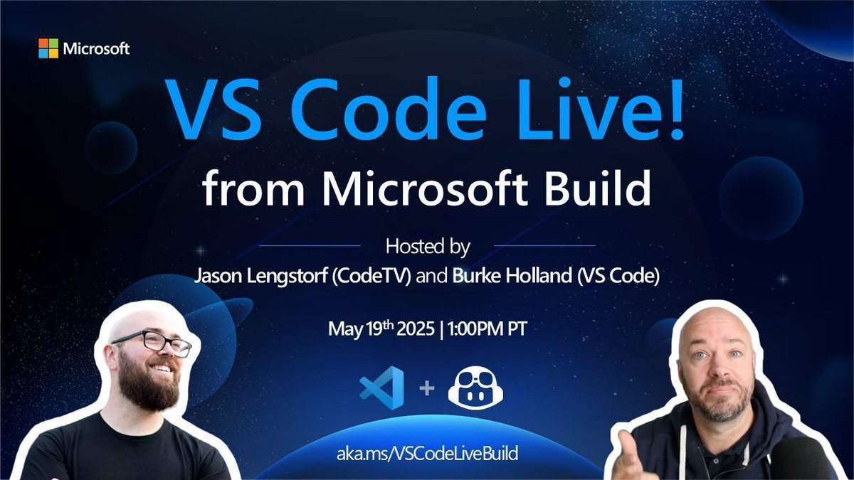 We're 4 days away from VS Code Live at Build!

Join <a href="/jlengstorf/">Jason Lengstorf</a> from <a href="/codetv_dev/">CodeTV</a> and <a href="/burkeholland/">Burke Holland</a> from the <a href="/code/">Visual Studio Code</a> team for a session of code, conversation, and good vibes!

Don't miss out 🔗 aka.ms/VSCodeLiveBuild