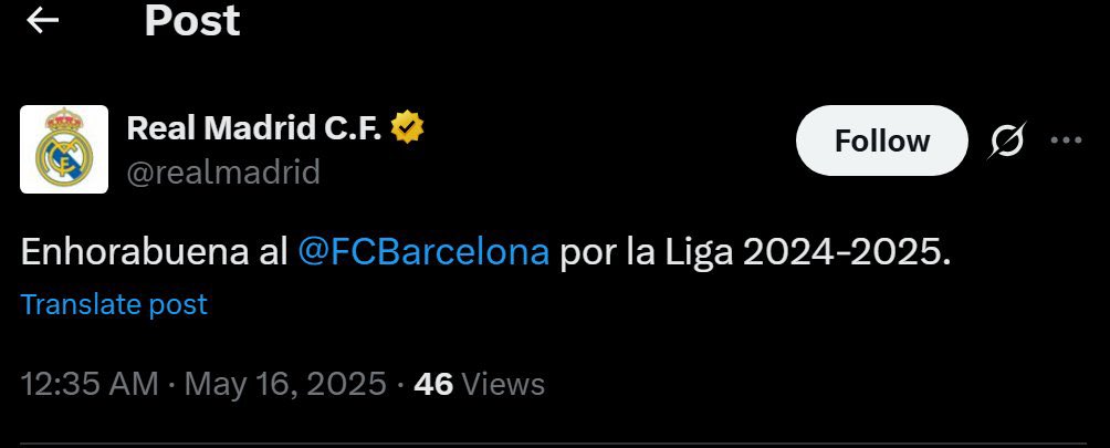 🚨🚨🚨 |

- نادي ريال مدريد يُهنئ برشلونة علي تحقيق اللقب . 🔵🔴