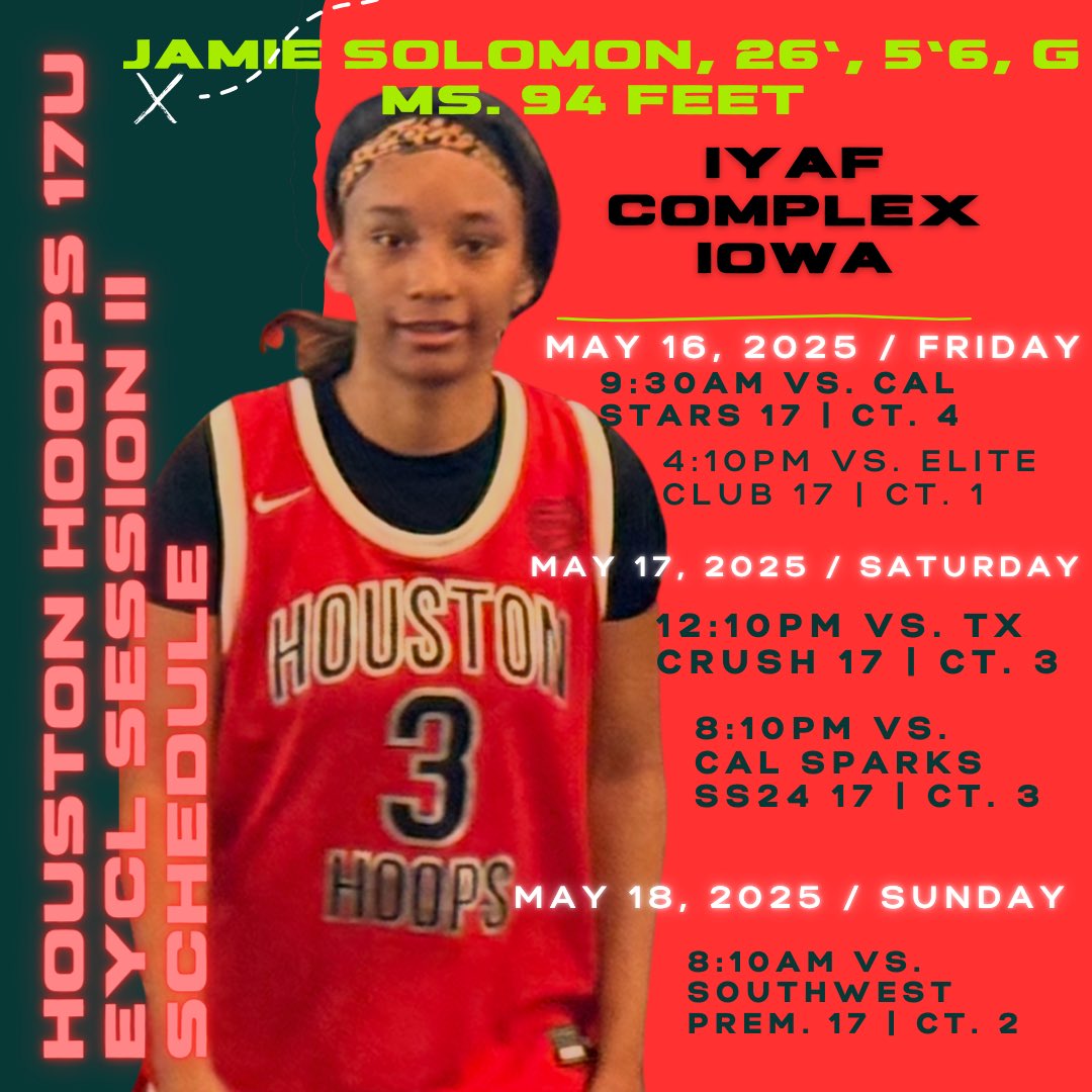 My Next Session II in Iowa 
We play 5/16, 5/17, 5/18
Houston Hoops 17U EYCL