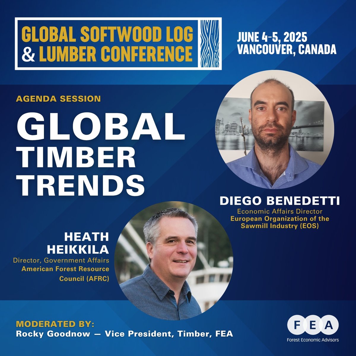 🌲 Timber supply is tightening as policy shifts and cost pressures hit key regions. What’s next for global log markets? Join us for a discussion with Diego Benedetti, Heath Heikkila, and FEA's Rocky Goodnow.

Details: getfea.com/conference/glo…

<a href="/amforest_org/">AFRC</a>