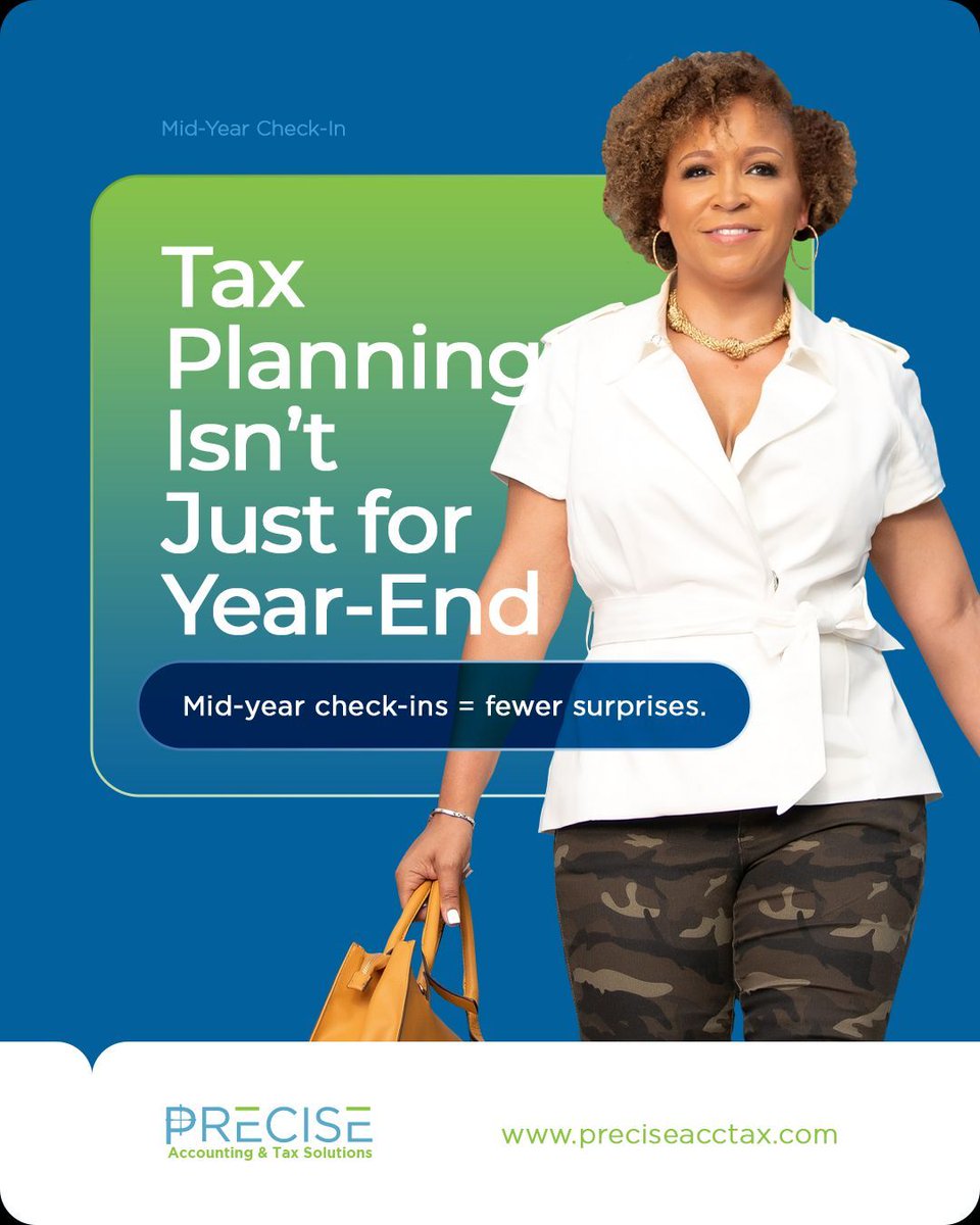preciseacctax's tweet image. Don’t wait ‘til December to figure it out!
Now’s the perfect time to check your numbers &amp;amp; adjust your strategy.
Schedule your mid-year tax review today!
📞 (301) 541-3145
#PreciseAccTax #MidYearReview #BusinessFinance
