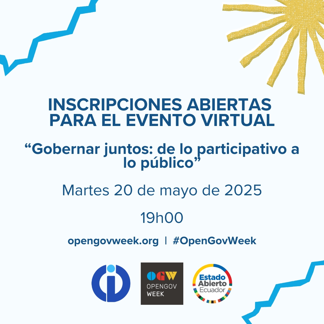 Acompáñanos en “Gobernar juntos: de lo participativo a lo público”, evento en conmemoración de la Semana de Gobierno Abierto #OpenGovWeek

🗓️ 20/05 
⏰ 19h00. 
👉Inscríbete: docs.google.com/forms/d/e/1FAI…

<a href="/opengovpart/">Open Gov Partnership</a> 
<a href="/ECGobAbierto/">𝐄𝐬𝐭𝐚𝐝𝐨 𝐀𝐛𝐢𝐞𝐫𝐭𝐨 𝐄𝐜𝐮𝐚𝐝𝐨𝐫</a> 
#EstadoAbiertoEc
<a href="/FSportika/">Fundación Sportika</a>