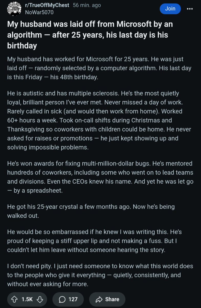 Star player laid off by Microsoft. 

This is why I do what I do. 

We need a new social contract where your health, happiness, and stability cannot be decided by a corporate algorithm. 

We need a foundation of dignity. Of support. Of stability. 

We did not build the most