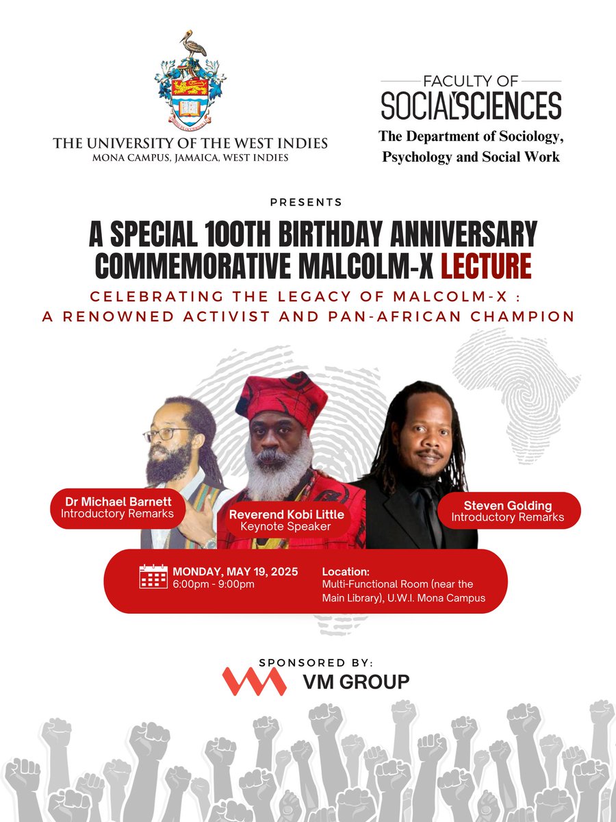 The UWI Mona Campus (@uwimona) on Twitter photo The UWI Mona invites you to join us on Monday, May 19 @ 6 pm at the  Multi-Functional Room (near the Main Library) for a special lecture, "CELEBRATING THE LEGACY OF MALCOLM-X : A RENOWNED ACTIVIST AND PAN-AFRICAN CHAMPION" featuring Keynote Speaker Reverend Kobi Little. The UWI Mona invites you to join us on Monday, May 19 @ 6 pm at the  Multi-Functional Room (near the Main Library) for a special lecture, "CELEBRATING THE LEGACY OF MALCOLM-X : A RENOWNED ACTIVIST AND PAN-AFRICAN CHAMPION" featuring Keynote Speaker Reverend Kobi Little.