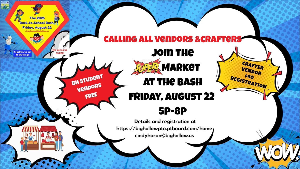 Calling all VENDORS/CRAFTERS/ARTISTS &amp; Student Vendors!

Reach THOUSANDS of people on the BIG Beautiful Campus of Big HollowSD 38 

Details and registration on our website bighollowpto.ptboard.com/formvw/store?s…

Questions email cindyharan@bighollow.us

Join us--it's gonna be SUPER!