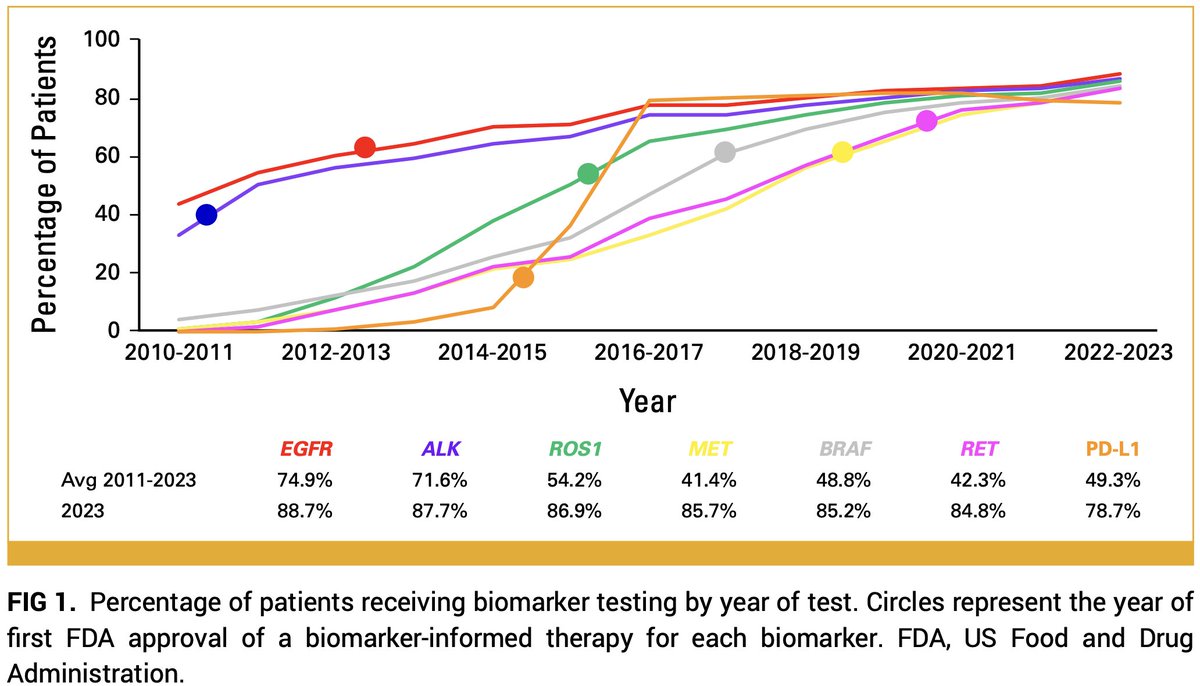 Real-world analysis of 42,037 mNSCLC pts in the U.S 🇺🇸(2011–23): 82.1% received ≥1 biomarker test; median result time: 21 days. 

🔵In 2023, EGFR and ALK had the highest testing (88.7%, 87.7%) and treatment rates (79.5%, 84.3%). 
Disparities persist 

ascopubs.org/doi/pdf/10.120…
