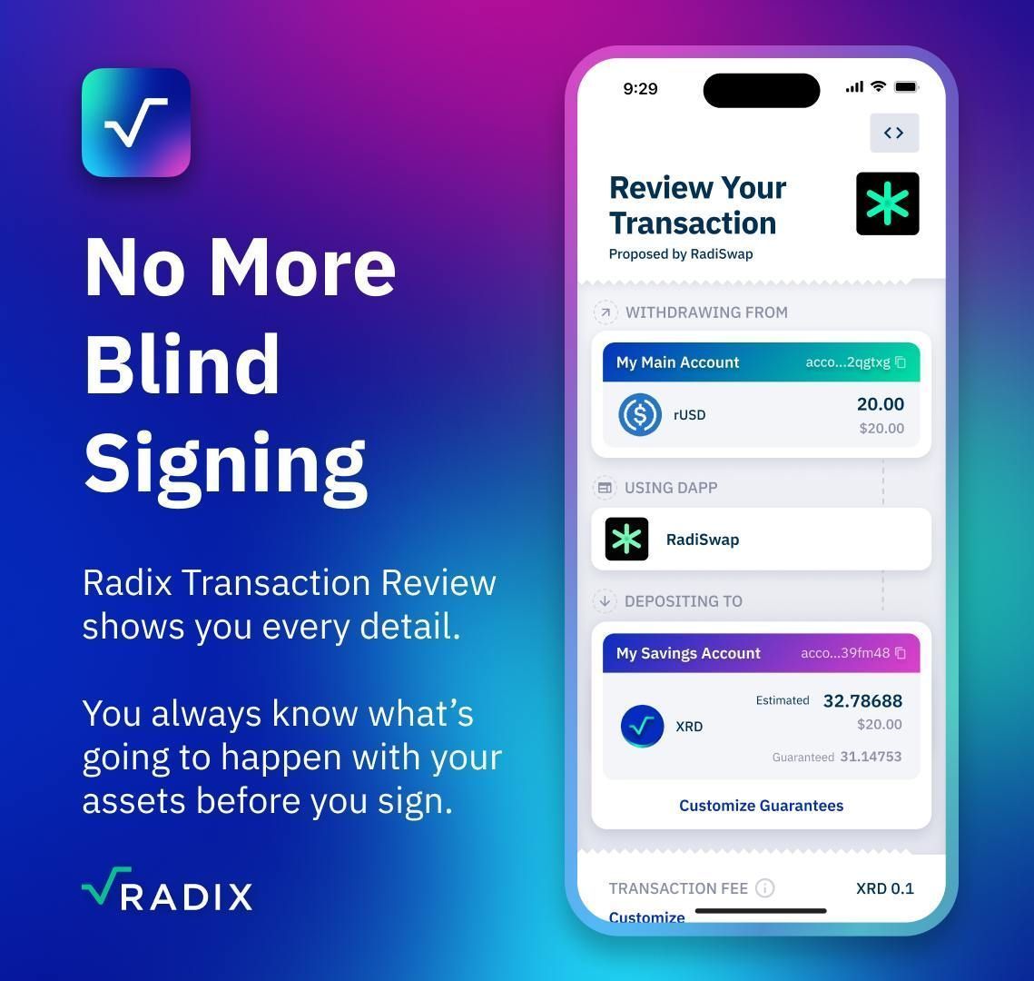 radixdlt's tweet photo. Blind signing is risky! 
Radix's human-readable transactions show you exactly what a transaction will do before you approve it. This transparency prevents scams and gives you control over your assets. 

Use DeFi without needing to first send “test” transactions. https://t.co/VE5LBKzYzu