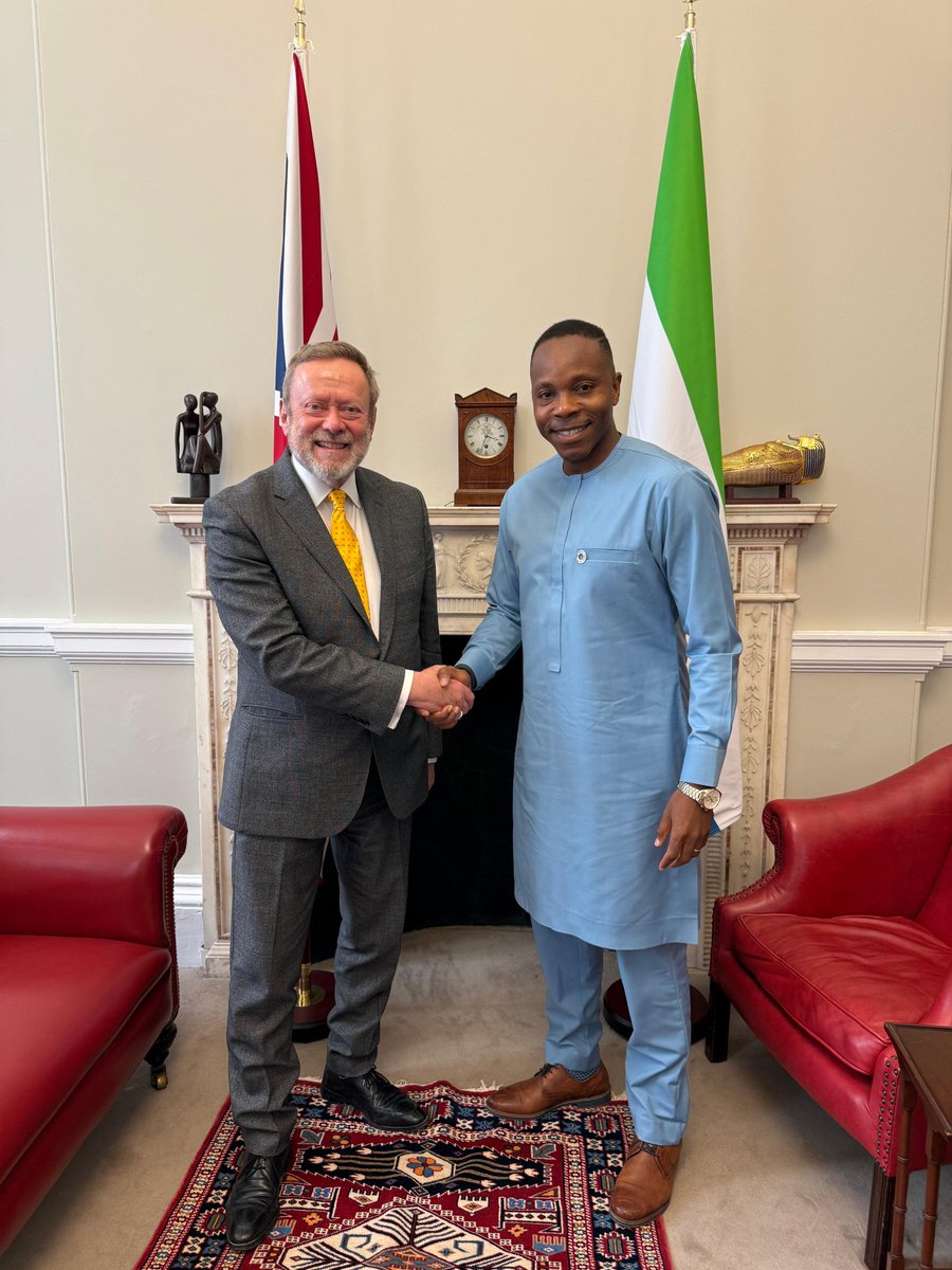 David Moinina Sengeh (@dsengeh) on Twitter photo Sierra Leone and UK have deep diplomatic connections. Today, I met with <a href="/FCDOGovUK/">Foreign, Commonwealth & Development Office</a> Minister for Africa Lord Collins of Highbury <a href="/Lord_Collins/">Collins of Highbury</a>, and we reaffirmed our commitments to deepening investments and trade for our shared prosperity. Soon Air Salone will directly connect us! Sierra Leone and UK have deep diplomatic connections. Today, I met with <a href="/FCDOGovUK/">Foreign, Commonwealth & Development Office</a> Minister for Africa Lord Collins of Highbury <a href="/Lord_Collins/">Collins of Highbury</a>, and we reaffirmed our commitments to deepening investments and trade for our shared prosperity. Soon Air Salone will directly connect us!