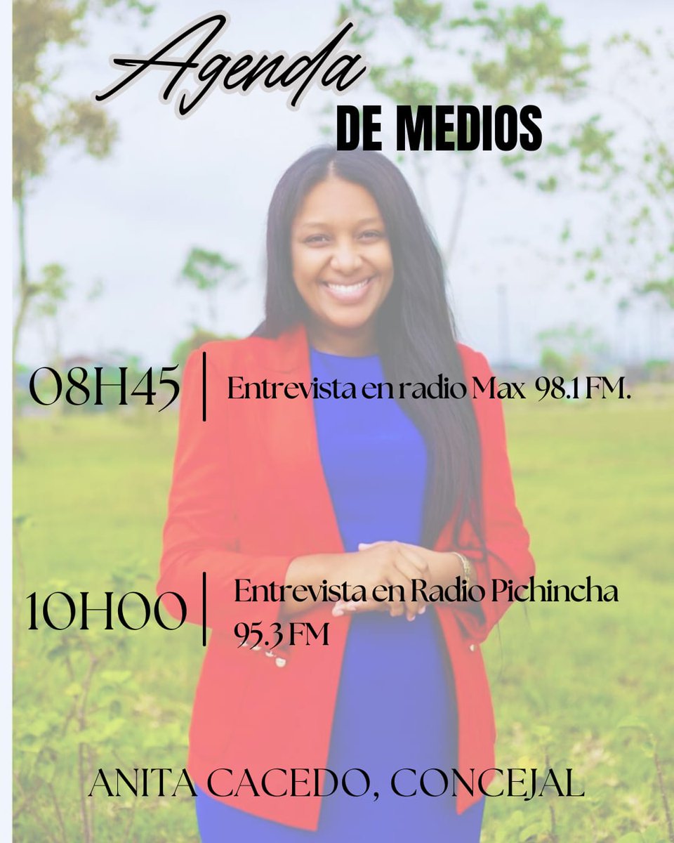 anitacaicedoec's tweet photo. 👩🏿‍🦱📍#AnitaEnMedios | Les comparto la agenda de medios y actividades que cumpliré mañana, viernes 16  de mayo.¡Los espero! 

08h45 📻 Entrevista en radio Max 98.1 FM.

1h00 Entrevista en radio Pichincha 95.3 FM. https://t.co/zv2GpEY1vg