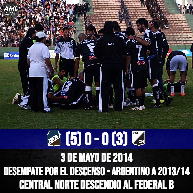 Central Norte y Juventud Antoniana terminaron iguales la tabla de descensos del Argentino A 2013/14, por lo que deberia jugar un desempate para ver quien seria el descendido al Federal B 2014. Antoniana se llevo el partido por penales, descendiendo al Cuervo a la cuarta categoría
