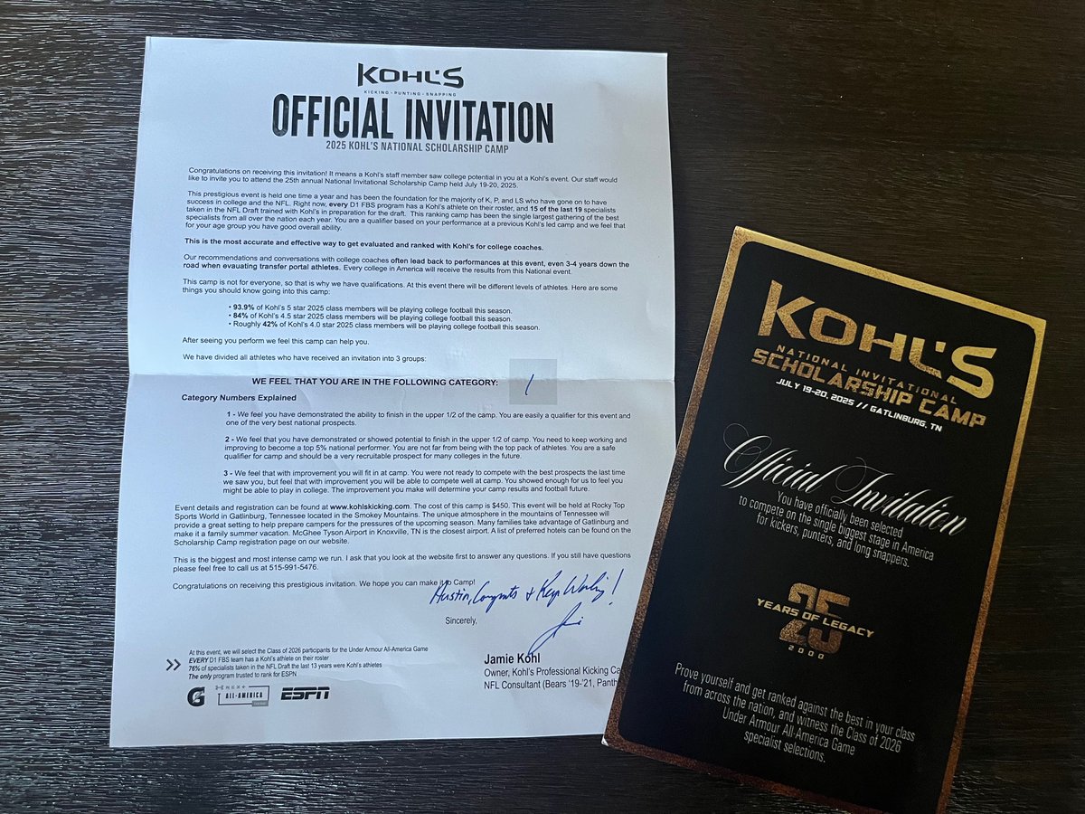 Austin LaBellman (@austinlabellman) on Twitter photo Thank you, <a href="/KohlsKicking/">Kohl's Kicking Camps</a>, for the invitation to the National Scholarship Camp in Tennessee. Super excited to attend!
<a href="/WPCatsFootball/">Winter Park Football</a> <a href="/CoachTonyBugeja/">4th Down Solutions</a> Thank you, <a href="/KohlsKicking/">Kohl's Kicking Camps</a>, for the invitation to the National Scholarship Camp in Tennessee. Super excited to attend!
<a href="/WPCatsFootball/">Winter Park Football</a> <a href="/CoachTonyBugeja/">4th Down Solutions</a>