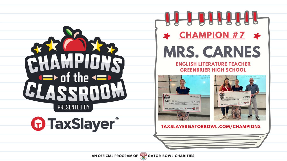 TaxSlayer Gator Bowl (@taxslayerbowl) on Twitter photo Mrs. Carnes from <a href="/ccsdga/">Columbia County School District</a> is our 7th Champion of the Classroom presented by @taxslayer!
She started teaching English Literature at Greenbrier High School 2 years ago & loves seeing how much her students writing grows from the beginning to the end of the school year 🍎 Mrs. Carnes from <a href="/ccsdga/">Columbia County School District</a> is our 7th Champion of the Classroom presented by @taxslayer!
She started teaching English Literature at Greenbrier High School 2 years ago & loves seeing how much her students writing grows from the beginning to the end of the school year 🍎