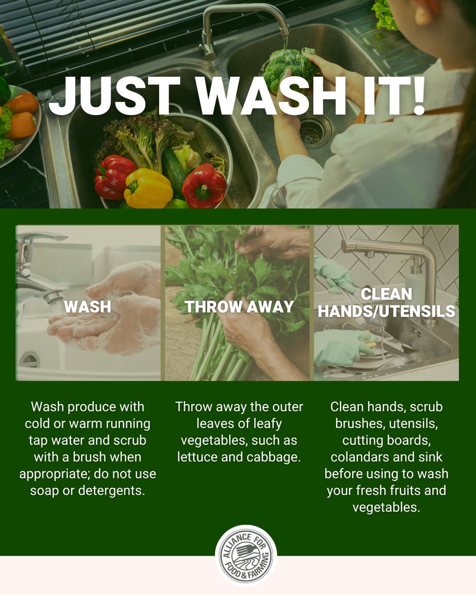 Worried about residues on produce? 🤔 Just wash it! 💧🍎

Follow FDA advice: ✔️ Rinse under running water (no soap!) ✔️ Toss outer leaves on leafy greens ✔️ Clean hands &amp; tools before washing

Simple steps = safer, cleaner fruits &amp; veggies! 🥦💚 #SafeProduce