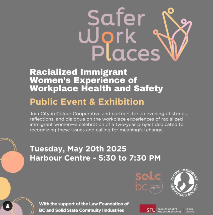 bccwitt's tweet photo. Join City in Colour Cooperative and others for an evening of stories, dialogue, and visual storytelling highlighting the workplace experiences of racialized immigrant women in British Columbia. May 20 @ 5:30-7:30 PM, SFU Harbour Centre
Register: https://t.co/8m2zx6Zo46 https://t.co/UH4UVliSyp
