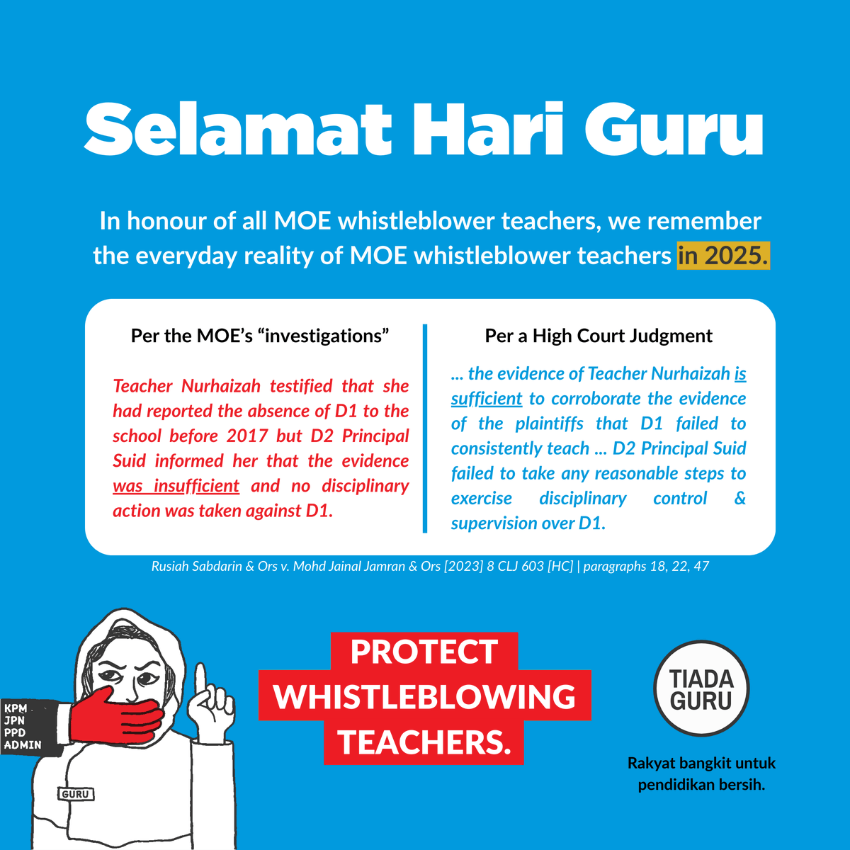 tiadaguru's tweet photo. Selamat Hari Guru!

In honour of today's celebration, you should read the landmark High Court Judgment vs the MOE:

https://t.co/8oQrAtIBQ0 (also in Malay)

We also made a fun slideshow, works on mobile: 🥰

https://t.co/pFmSDnwrzN - English
https://t.co/hsO6VpZqbh - Malay https://t.co/8XIYgt2zvt