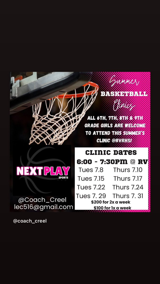 Summer Clinic at RV!! Every Tues/Thurs in July—-all are welcome! 1 hour of skill development + 30 mins of live play! #growthegame #nextplay