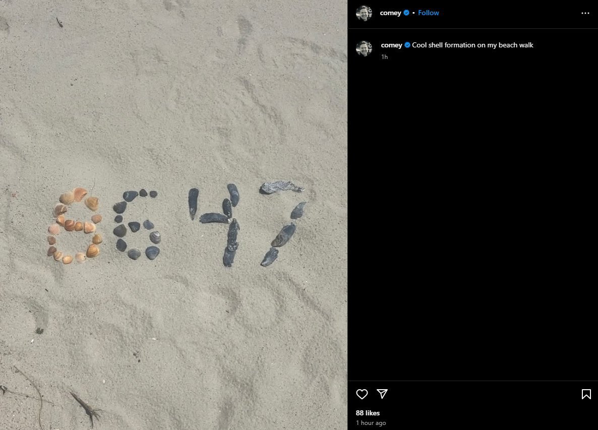 EricLDaugh's tweet photo. 🚨 BREAKING UPDATE: FBI official tells us the Bureau has been made aware of this post from James Comey calling to "86 47."

The White House said it's being taken "seriously" and described it as "what can clearly be interpreted as 'a HIT' on the sitting President of the United States."

James Comey here knows that he has insane followers and knows the message this phrasing sends.

@FLVoiceNews