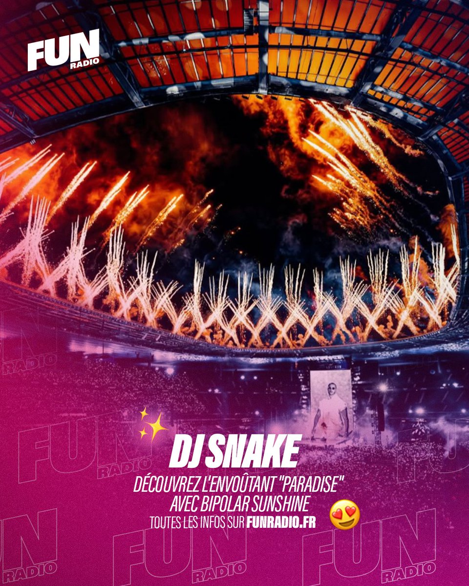 funradio_fr's tweet photo. ✨ @djsnake, qui a électrisé le Stade de France le 10 mai, dévoile "Paradise" avec @bipolarsunshine. Une douceur musicale à découvrir sur Fun Radio.

👉 https://t.co/1GDcmF4joq https://t.co/HOyBXgZ1tb