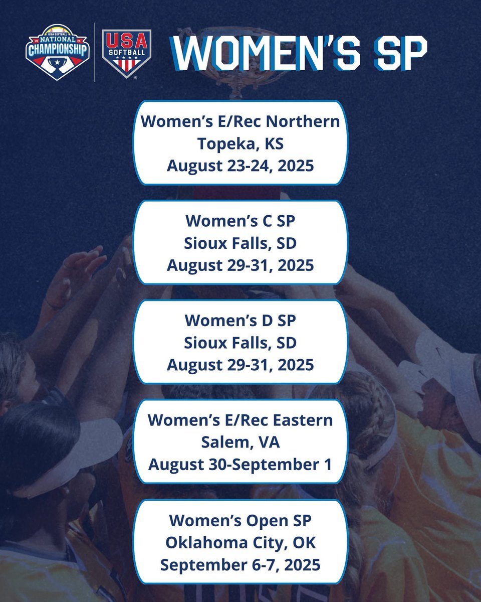 2025 𝐒𝐥𝐨𝐰𝐩𝐢𝐭𝐜𝐡 National Championship Schedule 🏆

Women's SP / Men's SP 

#USASoftball | #Grassroots