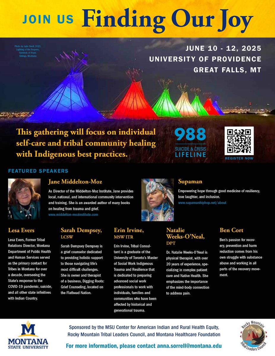 RMTLC's tweet photo. Join us June 10th - 12th at the University of Providence in Great Falls, MT for a two-day exploration of Indigenous best practices and tribal community healing. Featuring a variety of speakers including Supaman. Register here: https://t.co/5KTzyfquBo https://t.co/MACx1q8gyP