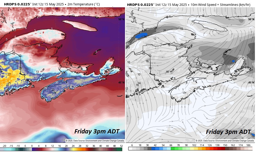 ryansnoddon's tweet image. Frontal boundary will slide into the Maritimes on Friday.
HRDPS projection for mid-afternoon shows temperatures in the south/west holding into the teens and low 20s.
However east-northeast winds will usher in much cooler temperatures on the other side of the front!
#nswx #nbwx