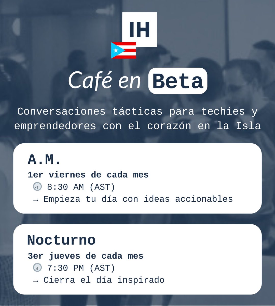 ☕ Café en Beta ya tiene fecha fija:
📅 AM → 1er viernes @ 8:30am
🌙 Nocturno → 3er jueves @ 7:30pmConversaciones tácticas entre techies y emprendedores con el corazón en la Isla 🇵🇷
#CafeEnBeta #IndieHackersPR #StartupPR