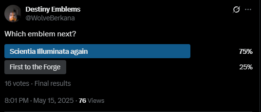 WolveBerkana's tweet image. The people have spoken.  Announcement coming soon.

#destiny2 #giveaway #emblems