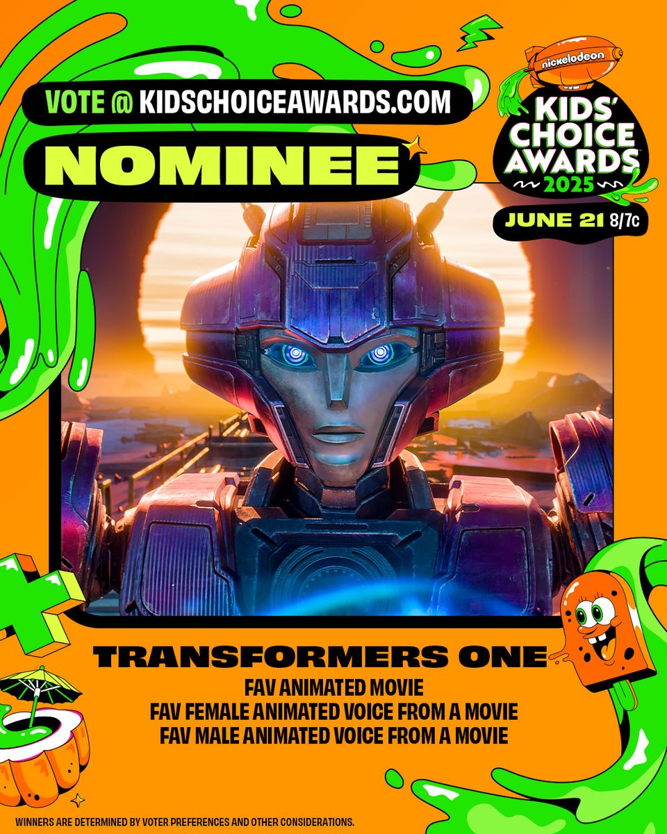 transformers's tweet image. The battle isn’t over—now it’s time to VOTE! #TransformersOne has been nominated in the Kid’s Choice Awards for Favorite Animated Movie, Favorite Male Animated Voice from a Movie, and Favorite Female Animated Voice from a Movie 💥 Vote for us in the #KCA here:…