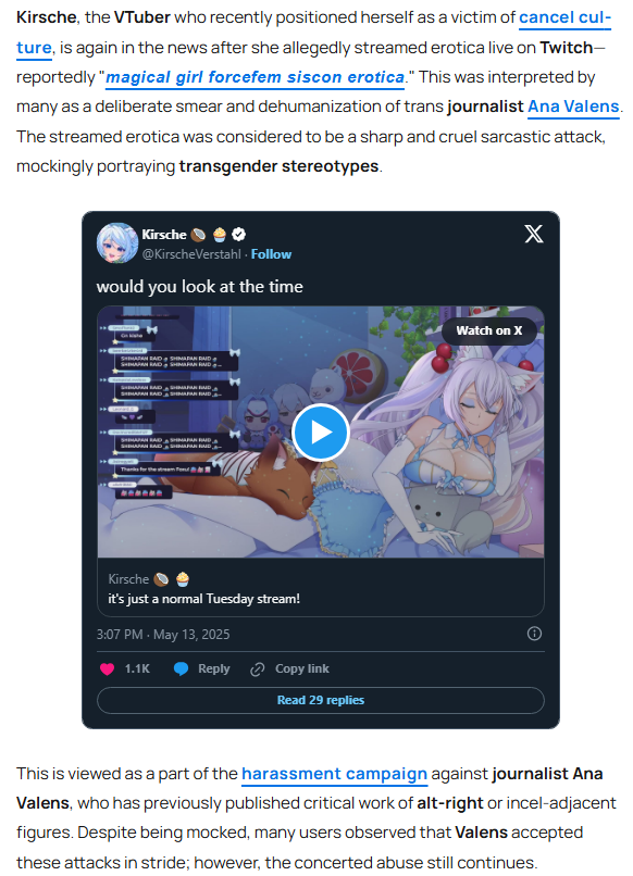 KirscheVerstahl's tweet photo. Wake up babe, new hit piece dropped

Ana put this fanfiction out, publicly, and I read it, publicly
There is not only nothing wrong with this, but it is very typical of the content I normally do
Lets check out some of the tags on this fanfiction, shall we?

At the end, they call out both my sponsor and twitch. Recently people have been posting about brigading my twitch to get me banned
Coincidence, I am sure