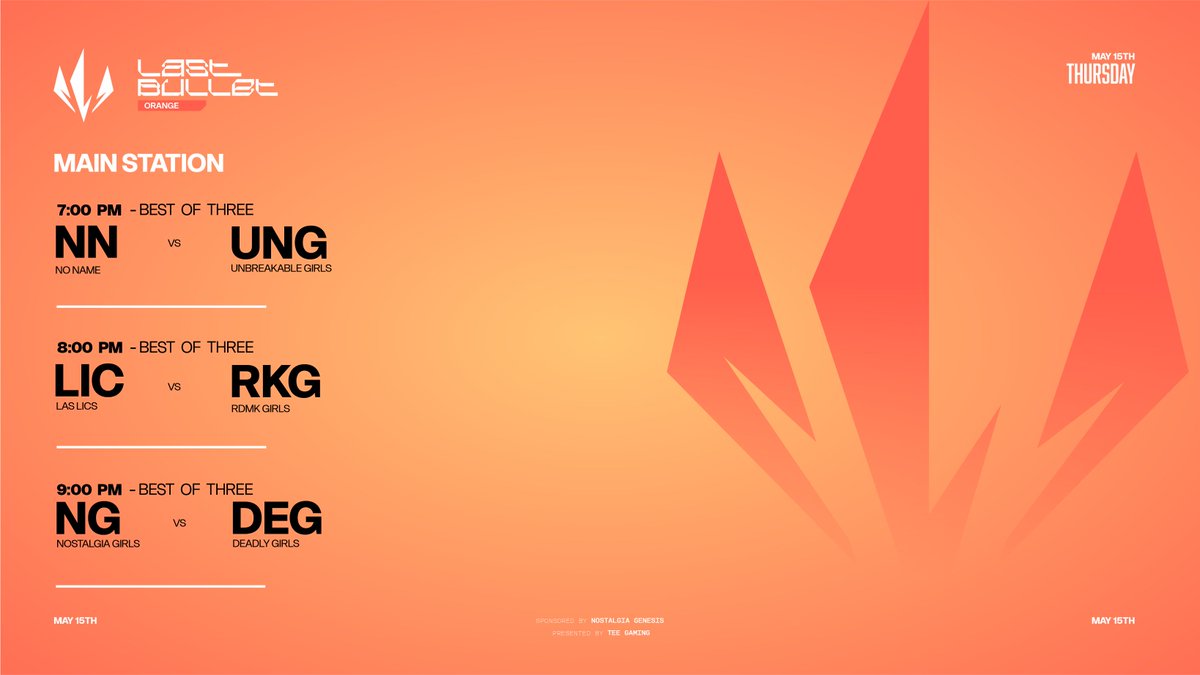 Tee Gaming (@teegamingorg) on Twitter photo Last Bullet: Orange 🟠
Nos vemos mas tarde🫡
🌷🌷🌷🌷
Main Station:
twitch.tv/teegamingorg
#SONRISITAS (NN) vs <a href="/uN_eSports_Gow/">uNbreakable eSports</a> Girls
7:00 pm Mex
<a href="/LosLics/">Los Lics</a> Girls vs <a href="/TeamRDMK/">Team RDMK</a> Girls
8:00 pm Mex
<a href="/NostalgiaGnesis/">𝐍𝐨𝐬𝐭𝐚𝐥𝐠𝐢𝐚</a> Girls vs <a href="/DeadIyEsports/">Deadly Esports</a> Girls
9:00 pm Mex
Talento:🎧🎙️
<a href="/CracK1st/">ᄃ尺ムᄃズ 🦇</a> Last Bullet: Orange 🟠
Nos vemos mas tarde🫡
🌷🌷🌷🌷
Main Station:
twitch.tv/teegamingorg
#SONRISITAS (NN) vs <a href="/uN_eSports_Gow/">uNbreakable eSports</a> Girls
7:00 pm Mex
<a href="/LosLics/">Los Lics</a> Girls vs <a href="/TeamRDMK/">Team RDMK</a> Girls
8:00 pm Mex
<a href="/NostalgiaGnesis/">𝐍𝐨𝐬𝐭𝐚𝐥𝐠𝐢𝐚</a> Girls vs <a href="/DeadIyEsports/">Deadly Esports</a> Girls
9:00 pm Mex
Talento:🎧🎙️
<a href="/CracK1st/">ᄃ尺ムᄃズ 🦇</a>