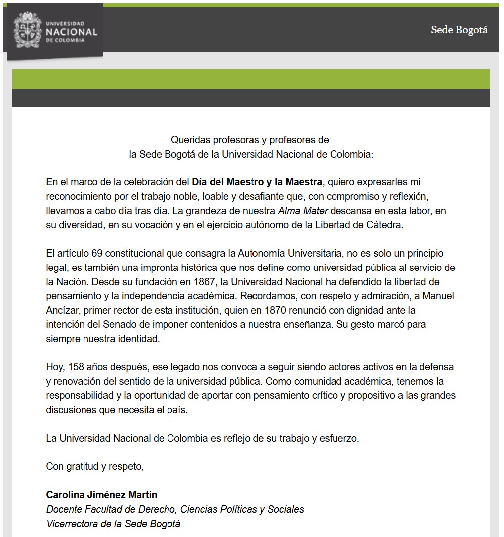 Sede Bogotá - Universidad Nacional de Colombia (@bogotaunal) on Twitter photo Mensaje de reconocimiento a los maestros y maestras de la UNAL | Vicerrectoría de Sede #BogotaUNAL <a href="/carojimenezm14/">Carolina Jimenez Martín</a> Mensaje de reconocimiento a los maestros y maestras de la UNAL | Vicerrectoría de Sede #BogotaUNAL <a href="/carojimenezm14/">Carolina Jimenez Martín</a>