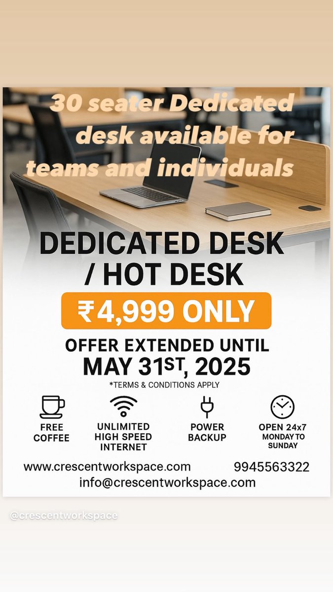 CrescentCowork's tweet photo. We’ve got 30 dedicated desks ready for teams and individuals, now available at just ₹4,999/month with 24x7 access, unlimited high-speed internet, power backup, and FREE coffee. Book your desk today at https://t.co/hcZNia9naK or call us at 9945563322.

#CoworkingSpace https://t.co/COgLV9Q8Mu