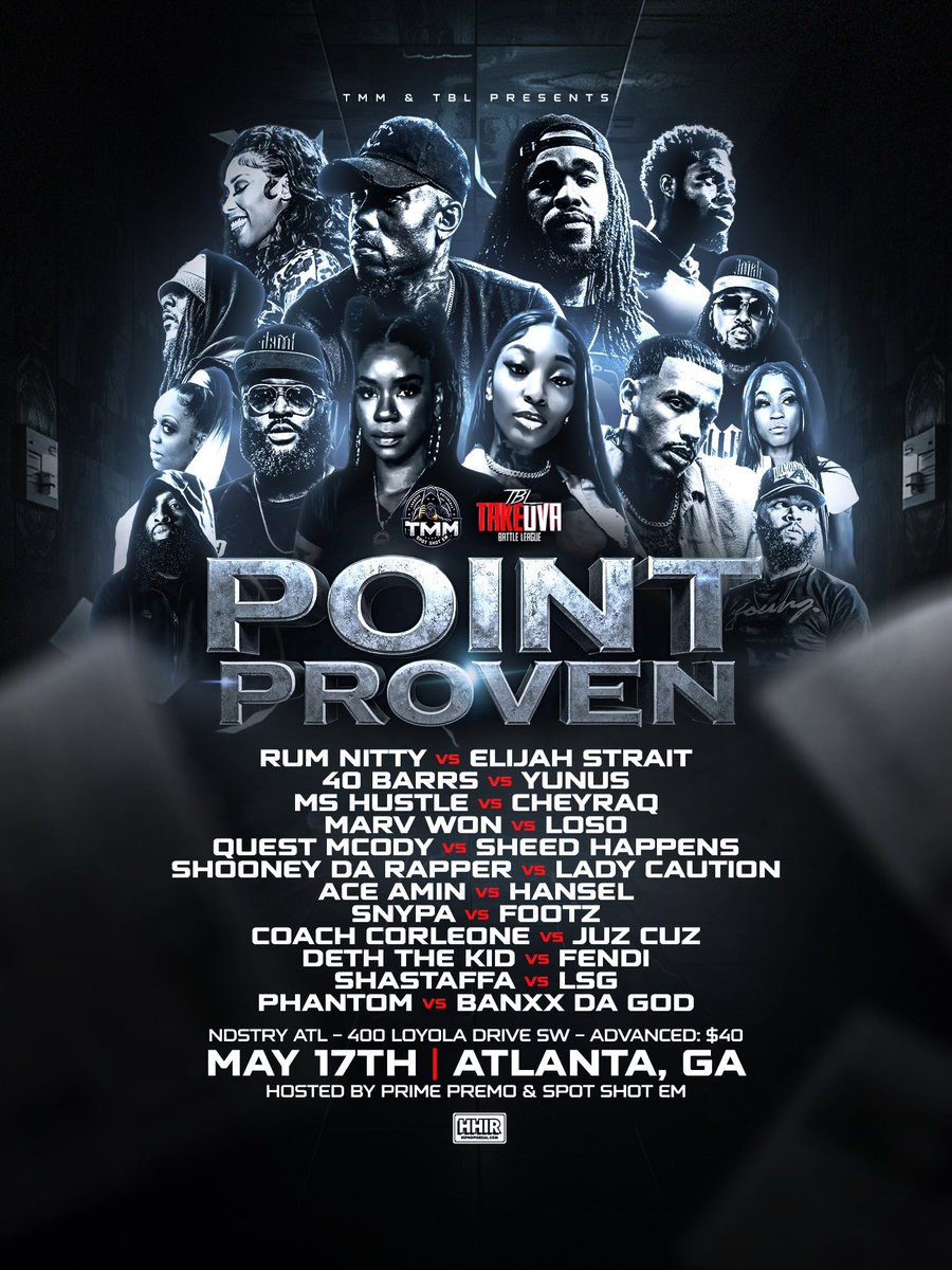 MAN AS IM SITTING IN THE AIRPORT HEADED TO ATL…. IM SUPER EXCITED FOR THIS WEEKEND!!!

TMM/TBL presents POINT PROVEN

5/17 in ATL @ NDSTRY ATL
400 Loyola Drive SW, Atlanta, GA, 30336

DOORS AT 1PM AND PPV AT 2:30PM

GET YOUR TICKETS AT THE DOOR

GET YOUR PPV: