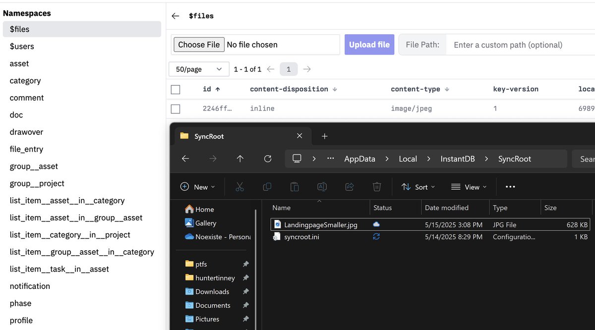 hunter_in_irl's tweet photo. I'm building a cloud storage provider on top of @instant_db   

- C++ websocket client subscribed to live queries from InstantDB
- Windows Cloud Files API for shell integration
- Will sync up &amp; down using InstantDB upload/download APIs https://t.co/25ea5OjdAx
