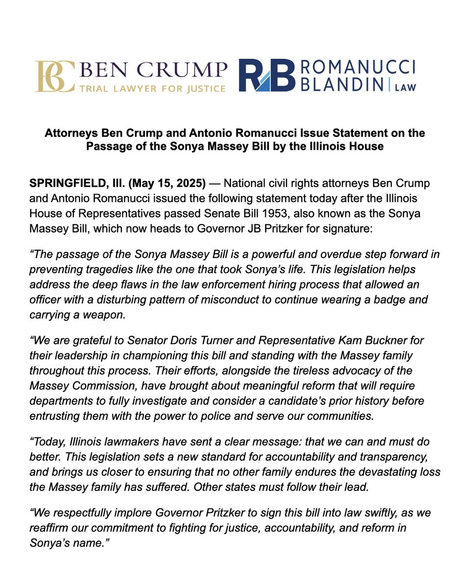 BenCrumpLaw's tweet image. MEDIA ALERT: @AttorneyCrump and Antonio Romanucci issued the following statement today after the Illinois House of Representatives passed Senate Bill 1953, also known as the Sonya Massey Bill, which now heads to Governor JB Pritzker for signature.