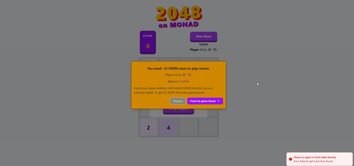 Hello, today I tried playing 2048 today, but was very frustrated because it gives an error when using tap.

i waiting fix <a href="/monad_xyz/">Monad</a> 

ty
